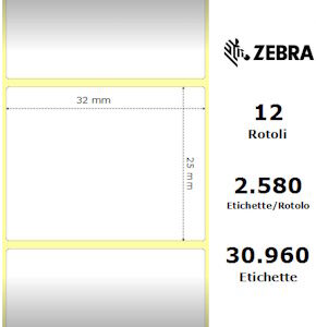 Zebra Etichette 800261-105 12Pck Z -Select 12 Rotoli, Termo, 2000D, 31,75X25,4 Mm, 2580 Et Originale