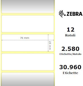 zebra etichette 800263-105 z-select pacco da 12 - carta termica 2000d - 76x25 mm 2580 et./rotolo