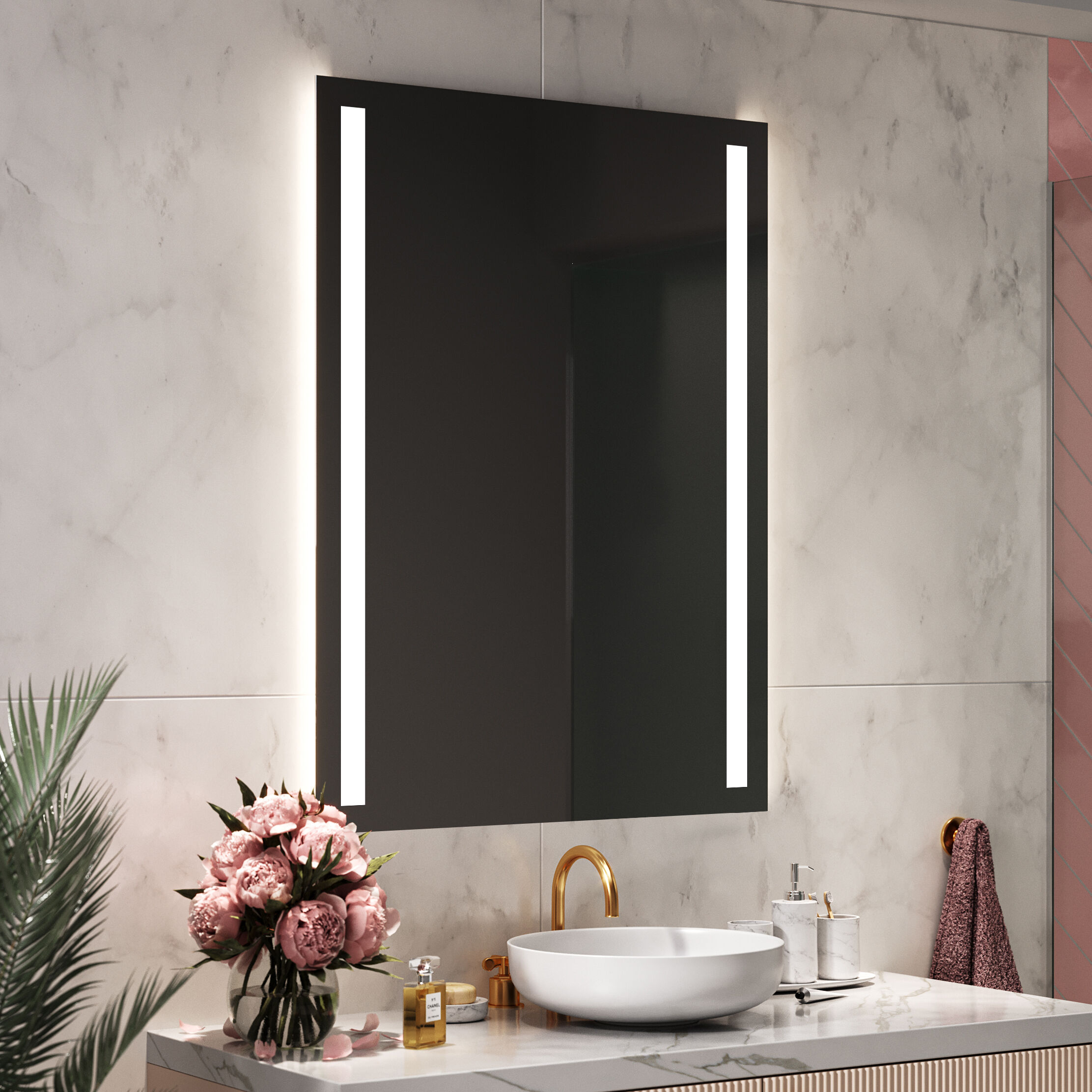Artforma Rettangolare specchio bagno con luce LED L02 specchio retroilluminato da trucco con Specchio cosmetico, Tappetino riscaldante 50x50