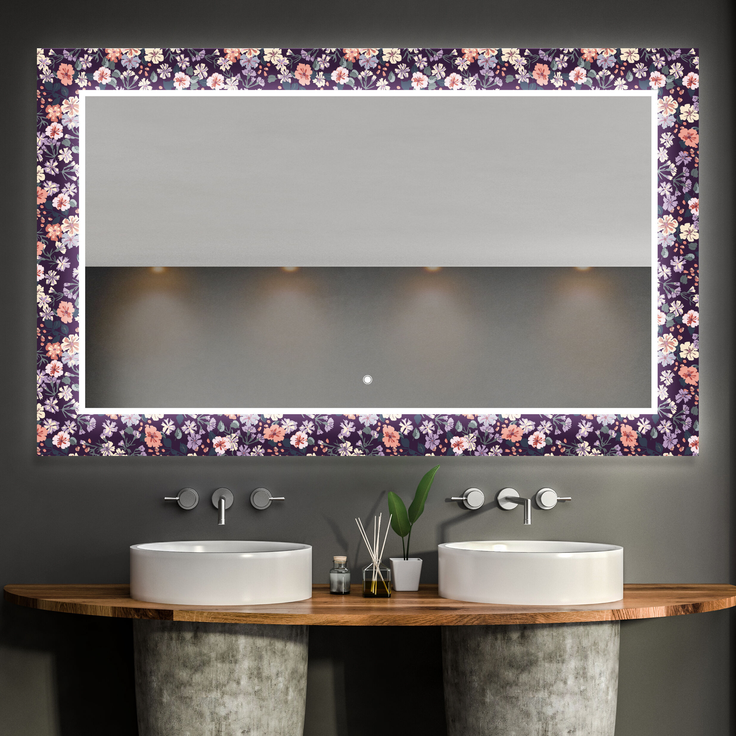 Artforma Specchi LED decorativi da parete da bagno specchio bagno con Interruttore tattile - Elegant Flowers 50x50
