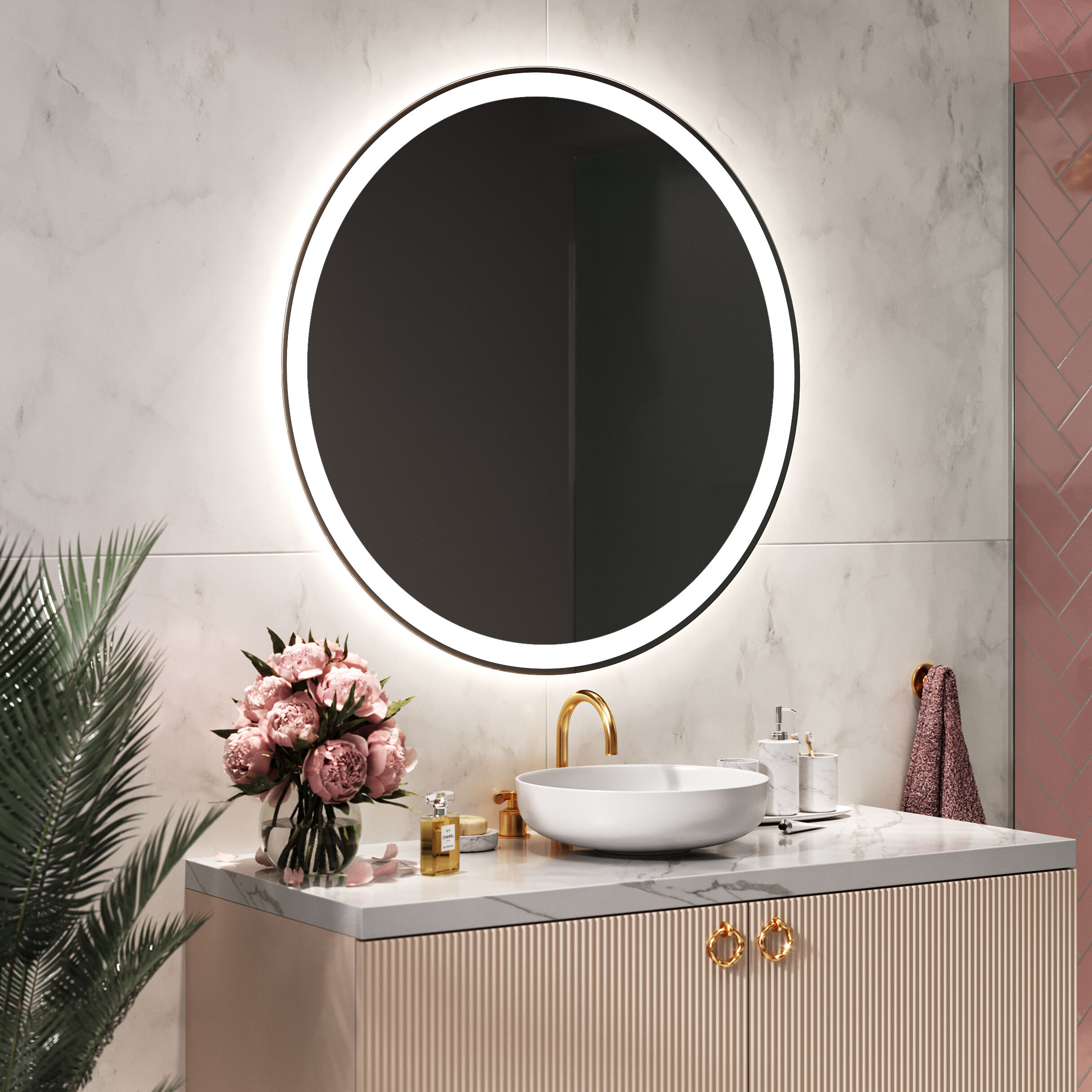 Artforma Rotondo specchio parete retroilluminato per bagno L76 specchio trucco con luci con Specchio cosmetico, Orologio tattile sinistra 50x50
