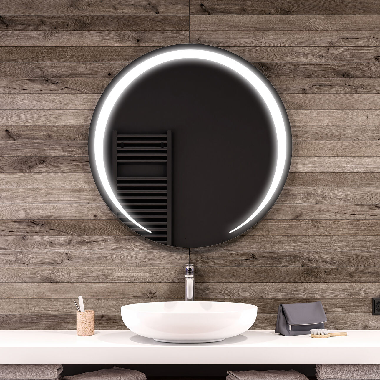 Artforma Rotondo specchio parete retroilluminato per bagno specchio trucco con luci con L98 Specchio cosmetico, Orologio tattile sinistra 50x50
