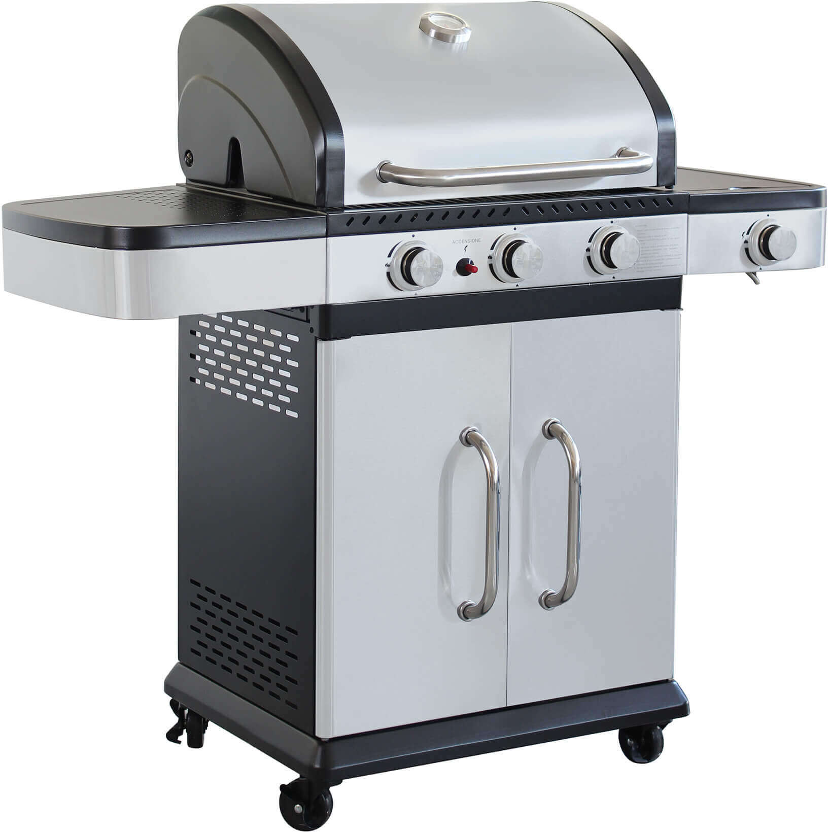 Milani Home Barbecue A Gas In Acciaio Inox 3 Fuochi + 1 Laterale Per Esterno Giardino, Port Grigio 122 x 112 x 57 cm