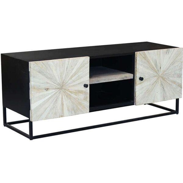 milani home porta tv con decoro naturale con 2 ante e 2 ripiani in legno di mango con strut marrone 140 x 56 x 46 cm