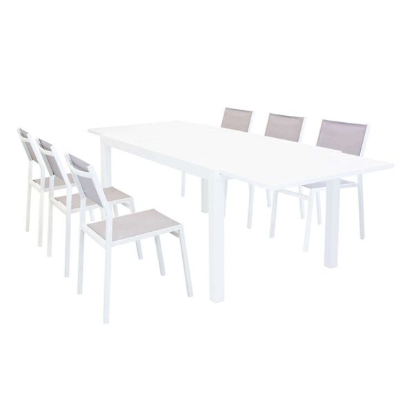 milani home dexter - set tavolo giardino rettangolare allungabile 160/240x90 con 6 sedie in alluminio bianco e textilene da esterno