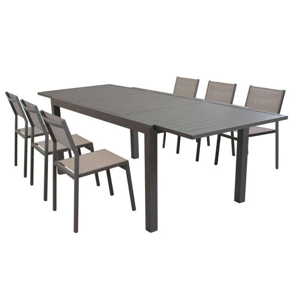 milani home dexter - set tavolo giardino rettangolare allungabile 160/240x90 con 6 sedie in alluminio e textilene taupe da esterno