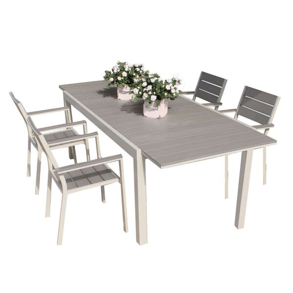 milani home triumphus - set tavolo da giardino allungabile 180/240x100 compreso di 4 poltrone in alluminio e polywood