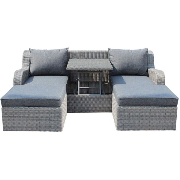 milani home divano da giardino con 2 pouf completo di cuscino intreccio in rattan sintetico grigio 208 x 75 x 91 cm