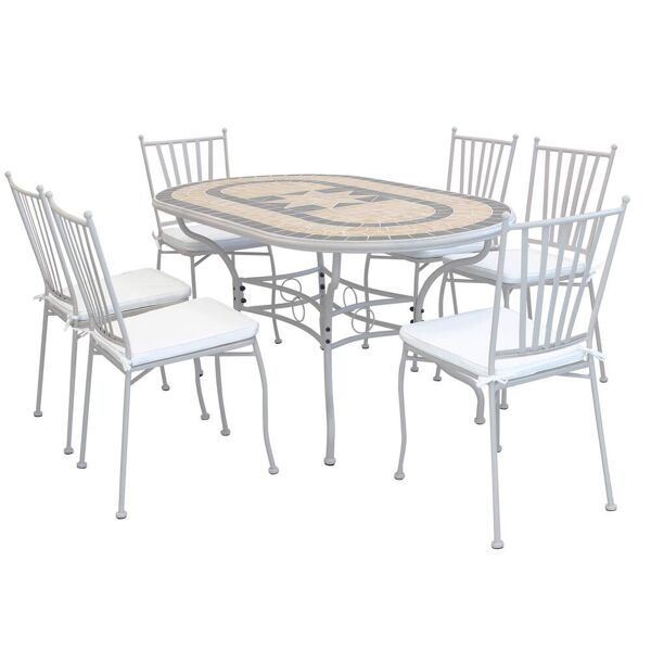 milani home set tavolo giardino ovale fisso con piano in mosaico 160x90 con 6 sedie in ferr tortora x x cm