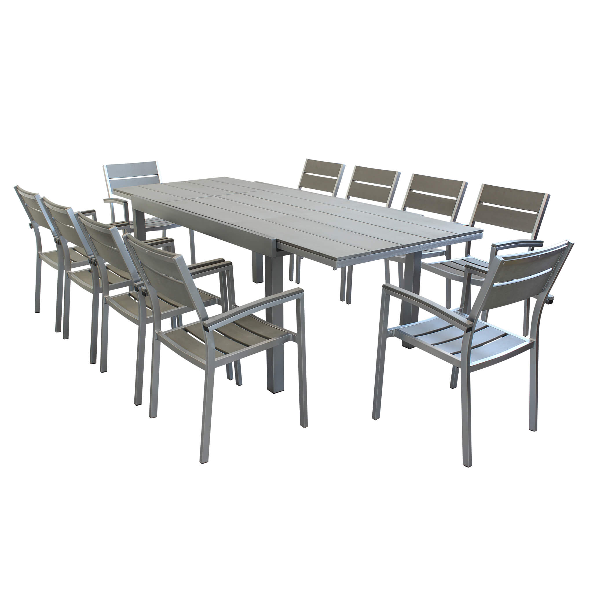 Milani Home GUALTERUS -set tavolo in alluminio spazzolato piano in polywood 180/240 x 95 x 74 h compreso di 10 sedute