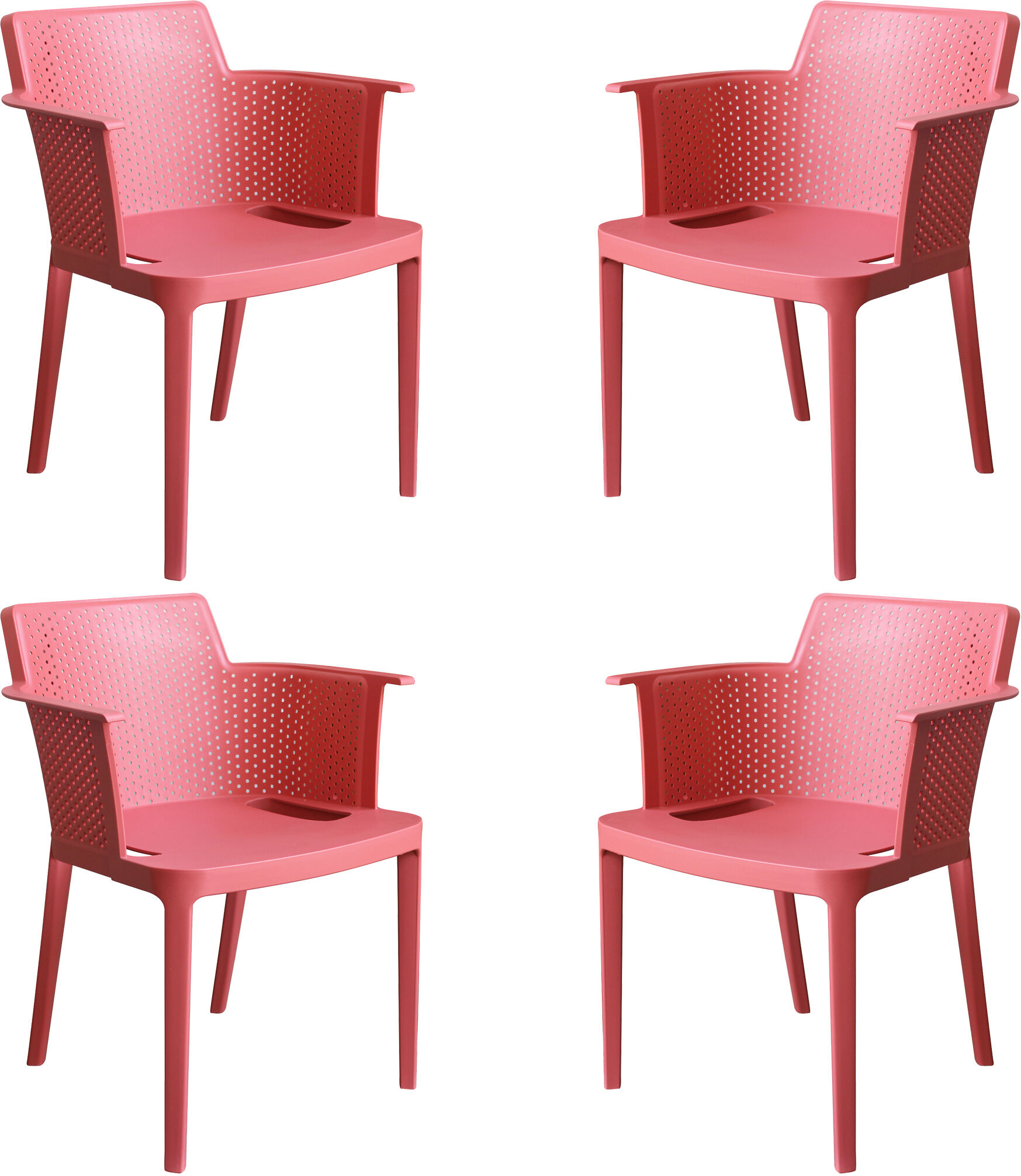 Milani Home set di 4 Poltrone in plastica per esterno giardino interno sala da pranzo color Rosso Corallo 60 x 76.5 x 58 cm