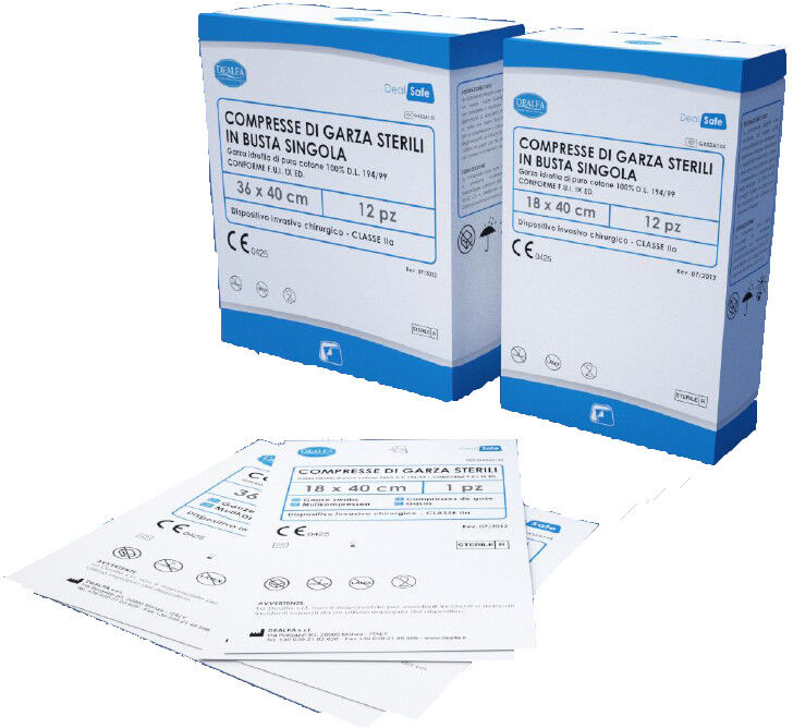 Dealfa Compresse di garza idrofila sterile cm 18 x 40 - 10 Confezioni da 12 garze confezionate singolarmente Dealfa Compresse di garza idrofila sterile cm 18 x 40 - 10 Confezioni da 12 garze confezionate singolarmente
