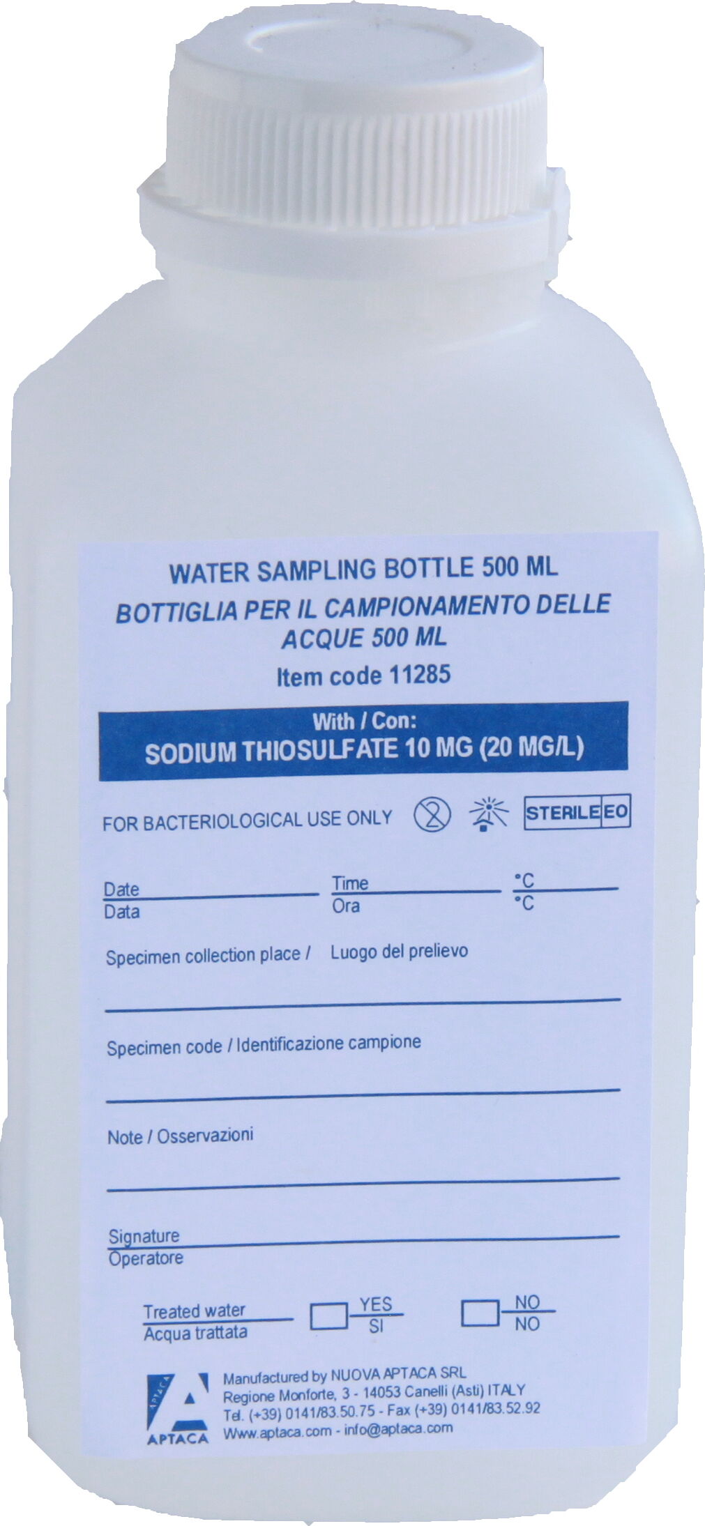 Aptaca Contenitore Sterile per il campionamento acqua con Tiosolfato di Sodio 500 ml - CF da 60 pz Aptaca Contenitore Sterile per il campionamento acqua con Tiosolfato di Sodio 500 ml - CF da 60 pz