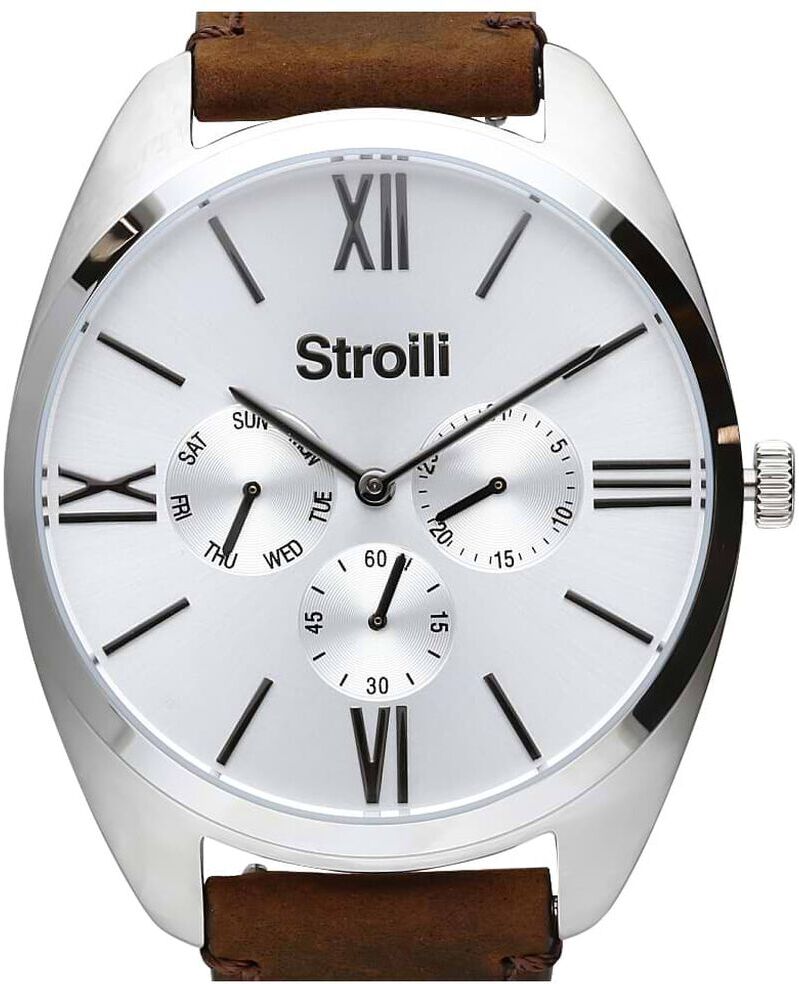 stroili orologio multifunzione con cinturino in pelle marrone e cassa in acciaio silver argentato