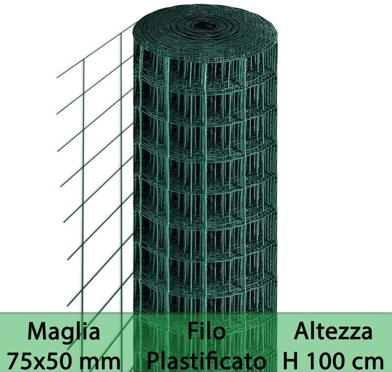 NextradeItalia 1pz Rete Per Recinzione Plastificata Altezza H 100 Cm Maglia Elettrosaldata 75x50 Mm Filo Ø 2,3 Mm Lughezza Rotolo Da 25 Mt Per Recinzione Verde