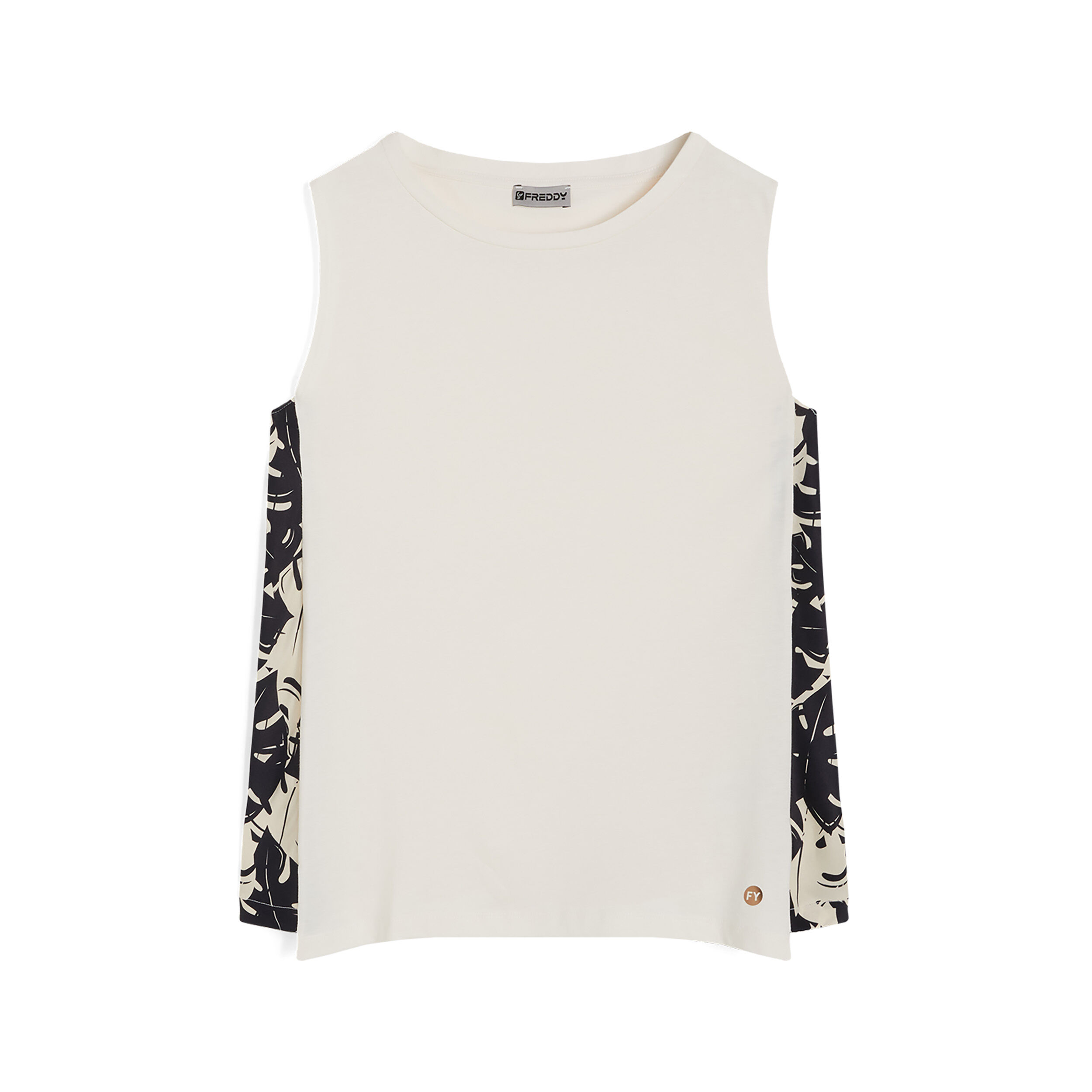 Freddy Canotta con inserti laterali in viscosa stampa tropical White-B&W Allover Flower Donna Large