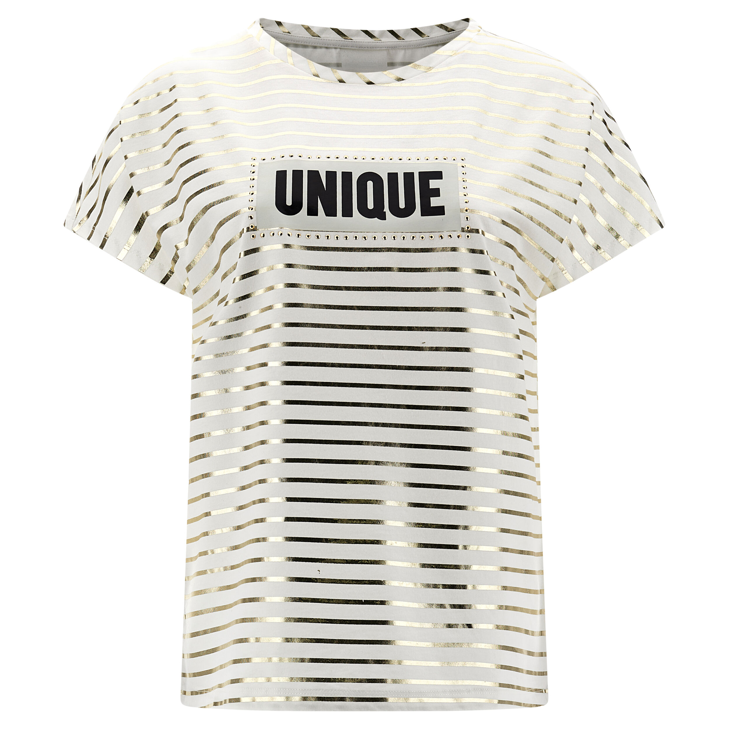 Freddy T-shirt a righe e stampa UNIQUE lucida con bordo in strass Star White -Stripes Gold Donna Medium