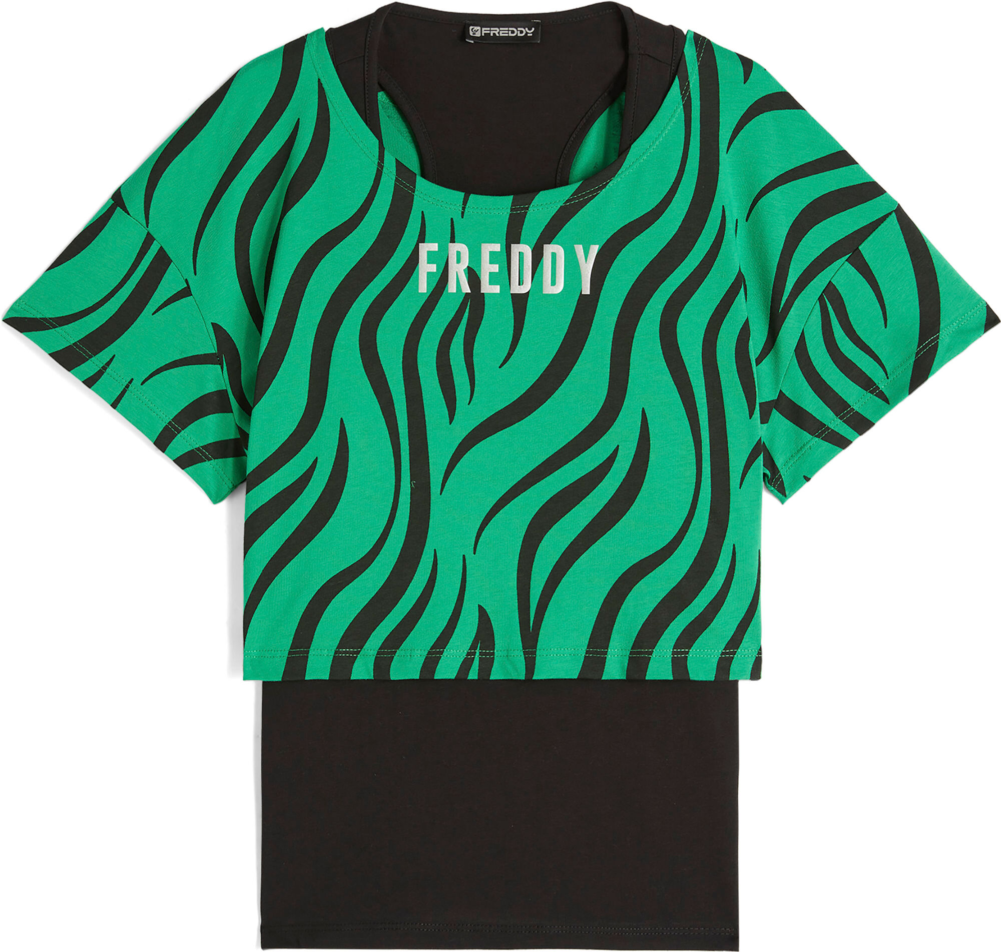 Freddy Set canotta+t-shirt cropped da donna con stampa zebrata Black- Zebra Black On Green Donna Large