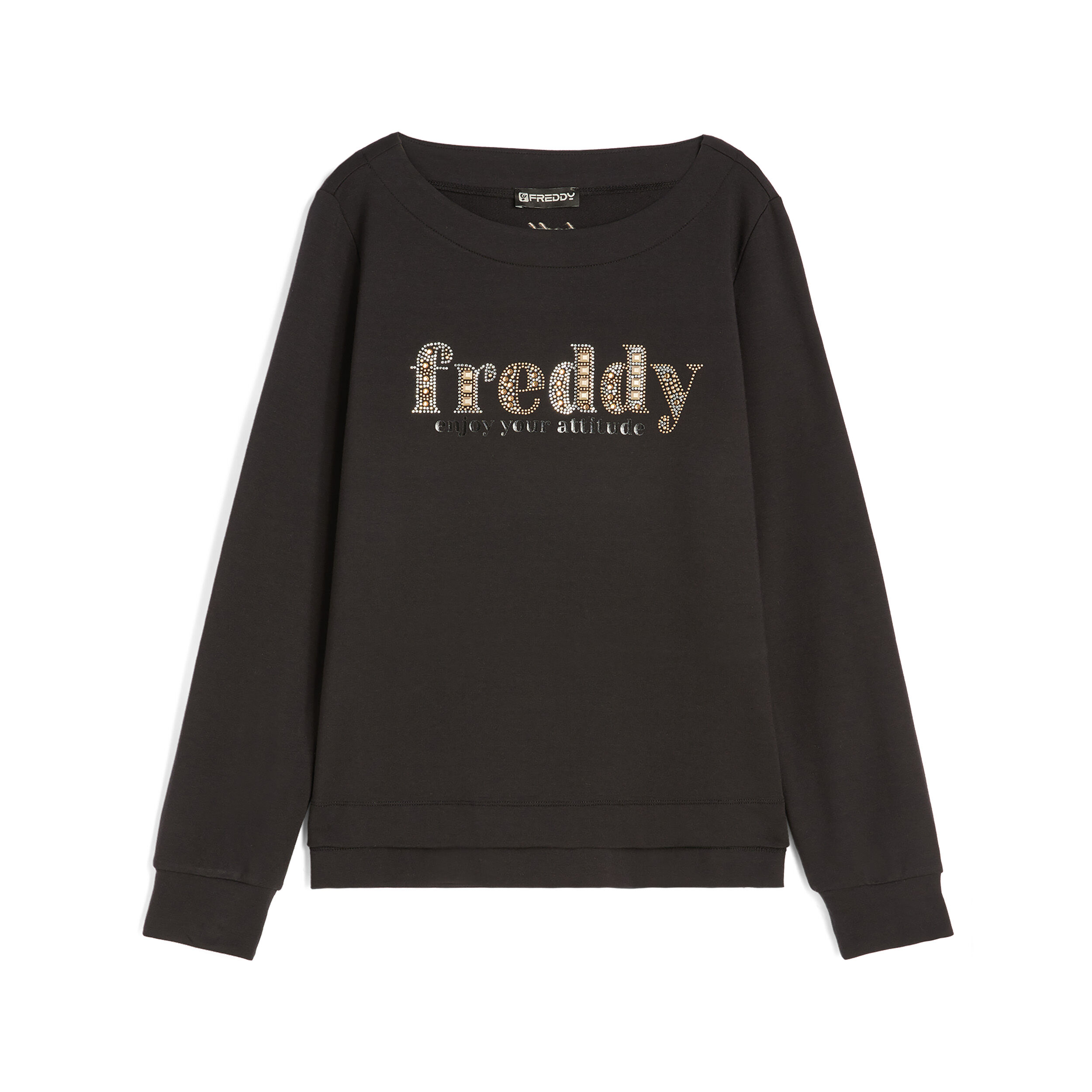 Freddy Felpa girocollo in french terry modal con logo in strass Nero Donna Extra Small
