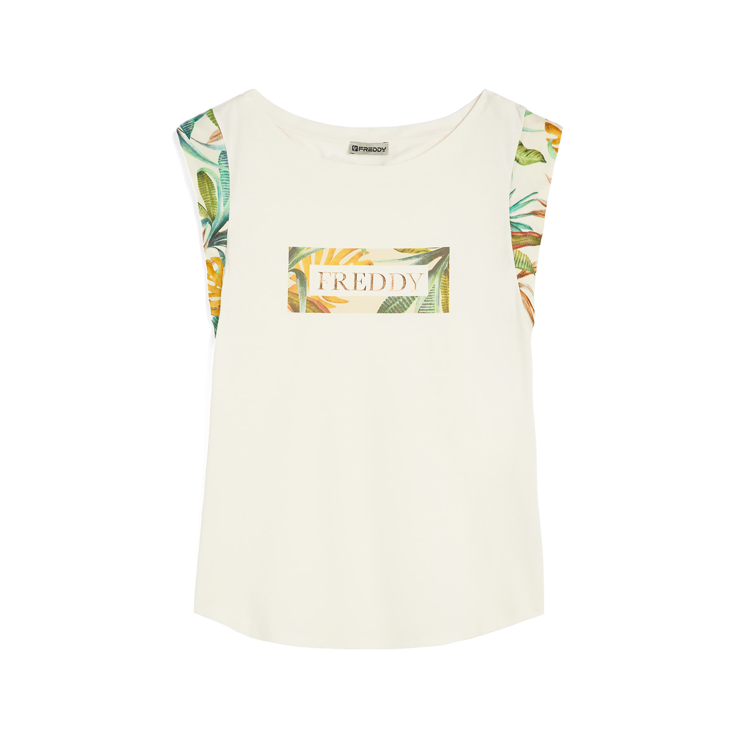 Freddy T-shirt donna con maniche in viscosa e grafica tropical White -B&W Allover Flower Donna Extra Large