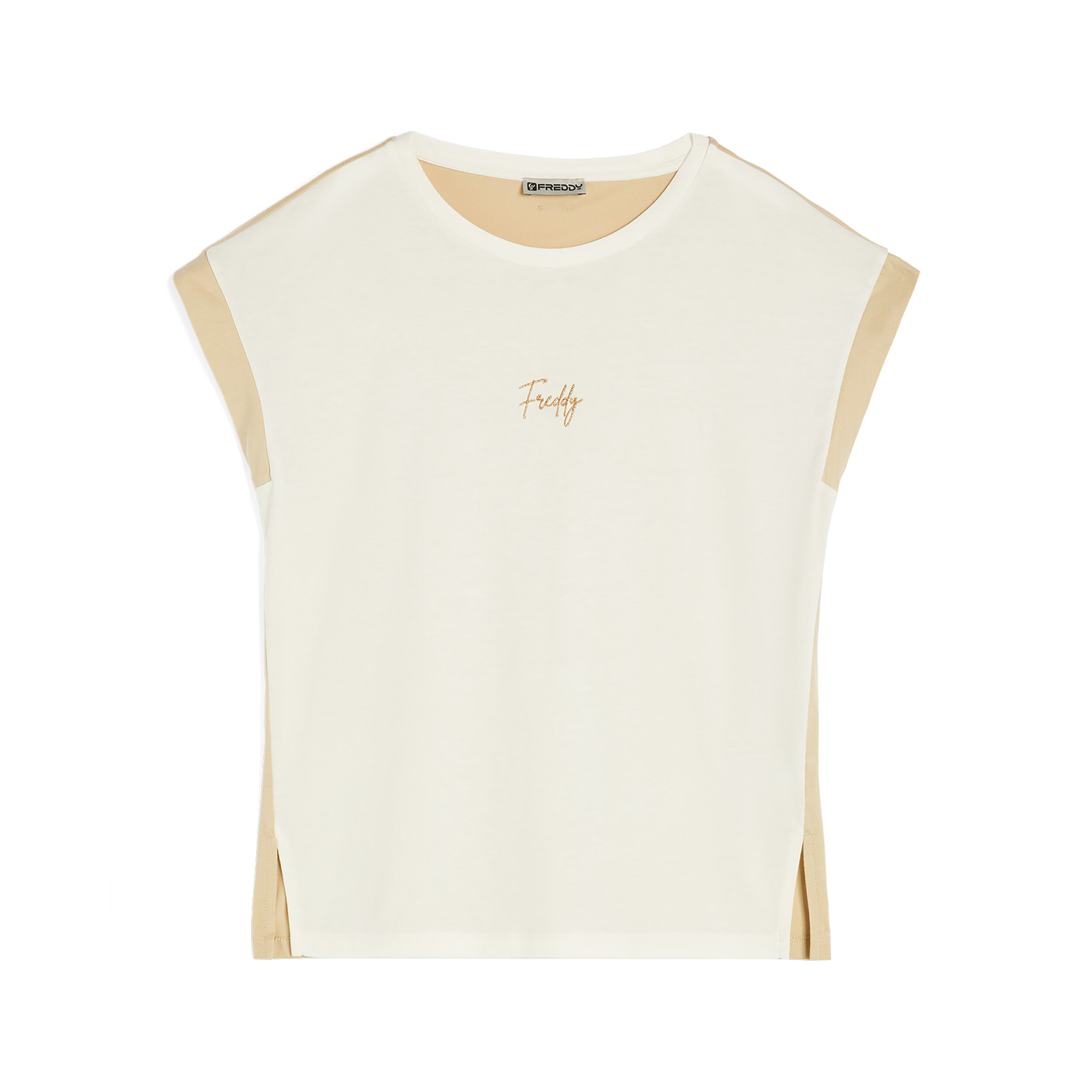 Freddy T-shirt da donna senza maniche in jersey modal bicolore Jet Stream-Stripes Beige Donna Small