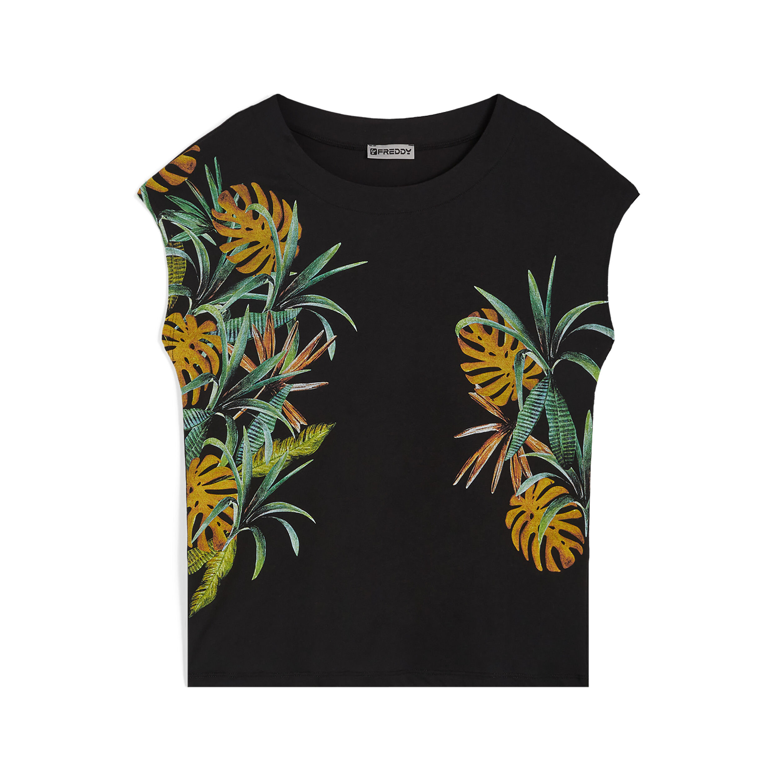 Freddy T-shirt in jersey modal maniche cortissime e stampe laterali Black -B&W Allover Flower Donna Large