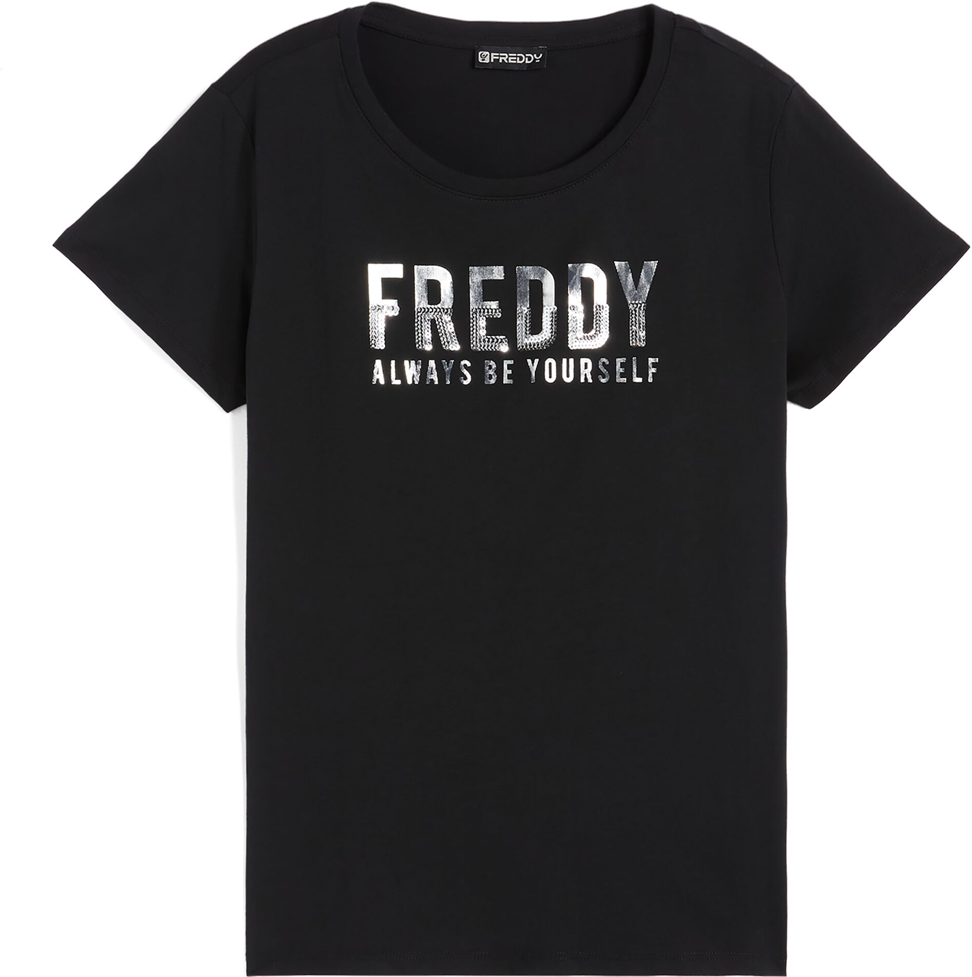 Freddy T-shirt donna in cotone pima con grafica oro e paillettes Nero Donna Extra Large