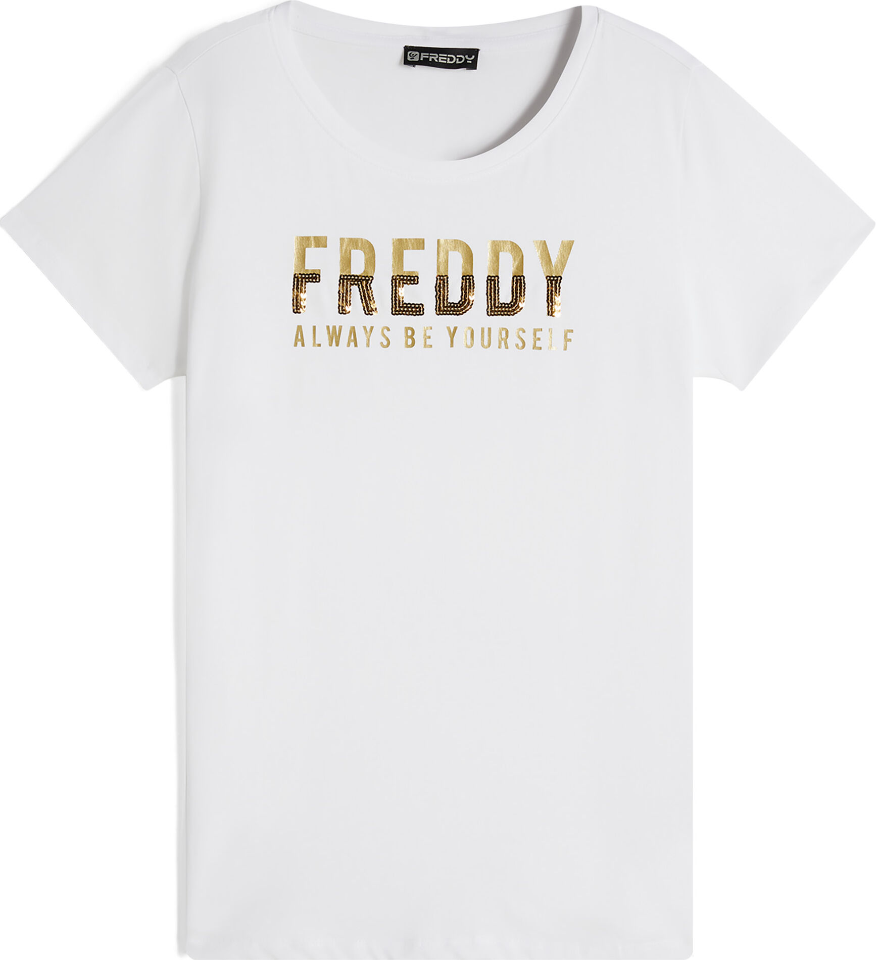 Freddy T-shirt donna in cotone pima con grafica oro e paillettes Bianco Donna Extra Small