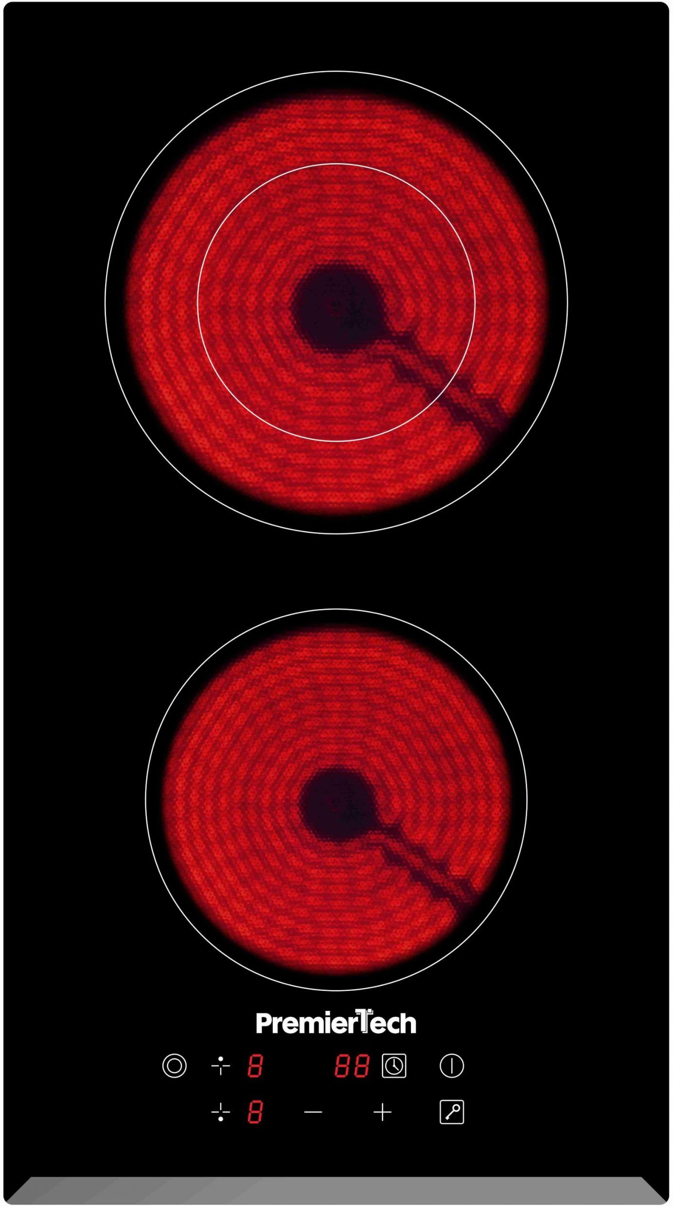 PremierTech® PT-PC2C PremierTech Piano Cottura Vetroceramica 30cm Elettrico 2 Fuochi Display Led Touch Control Vetro Front smussato