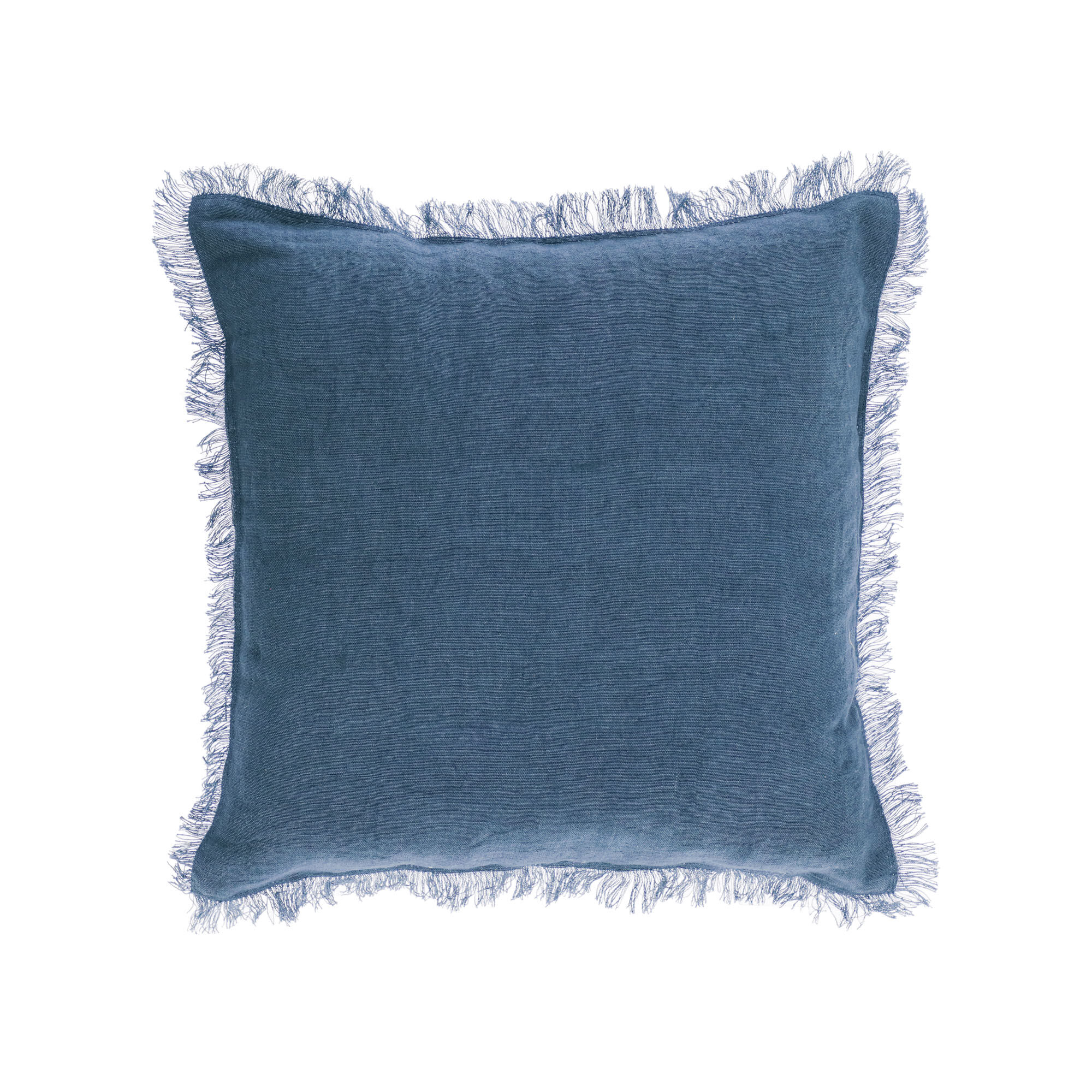 Kave Home Fodera cuscino Almira cotone e lino con frange azzurre 45 x 45 cm