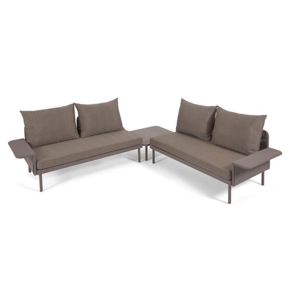 kave home set esterno zaltana divano ad angolo, tavolo alluminio verniciato marrone opaco 164cm