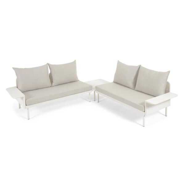 kave home set esterno zaltana divano ad angolo, tavolo alluminio verniciato bianco opaco 164cm