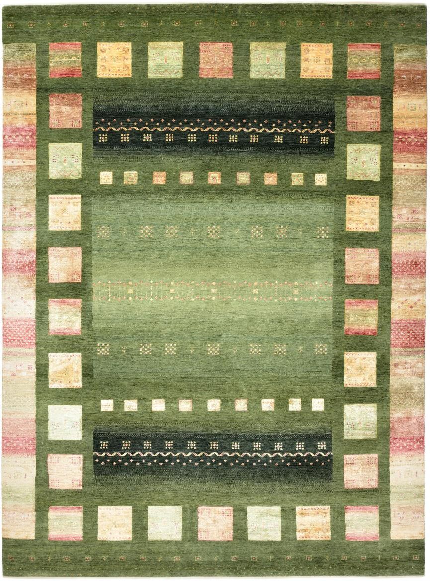 Nain Trading Tappeto Fatto A Mano Gabbeh Loribaft Design 343x251 Marrone Scuro/Verde Scuro (Seta Lana / Bambù, India)