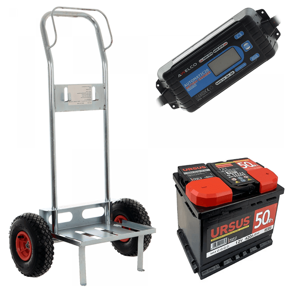 set completo: carrello porta batteria geotech + batteria 60 ah + caricabatteria awelco automatic 20