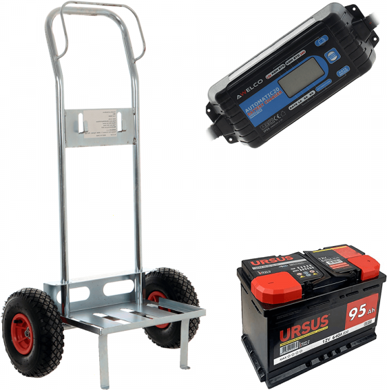 set completo: carrello porta batteria geotech + batteria 90 ah + caricabatteria awelco automatic 20