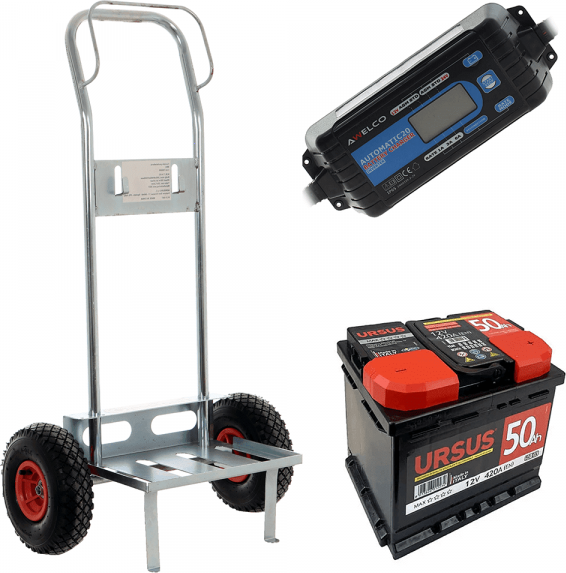 set completo: carrello porta batteria geotech + batteria 60 ah + caricabatteria awelco automatic 20