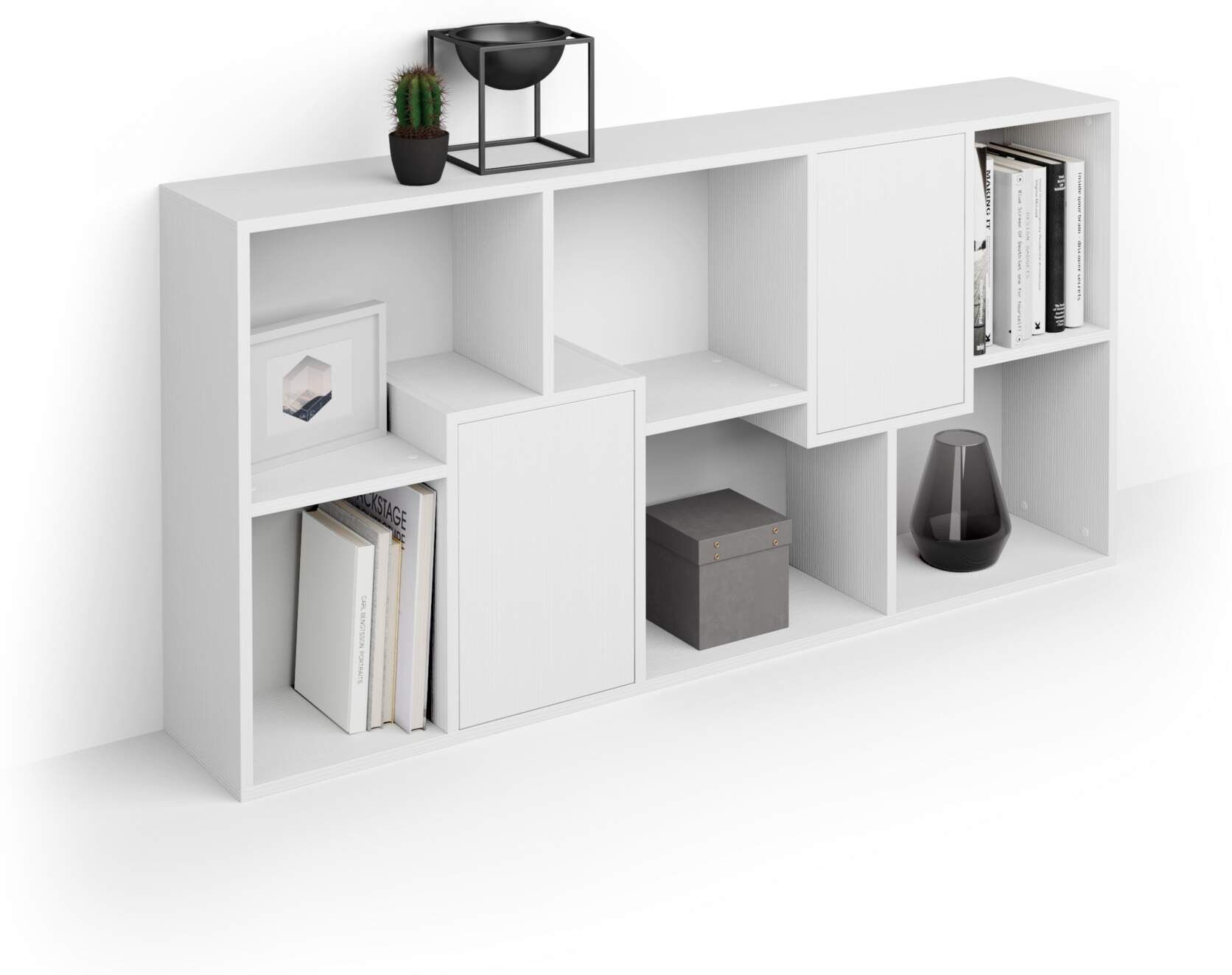 Mobili Fiver Libreria bassa XS Iacopo con ante (160,8 x 80 cm), Bianco Frassino