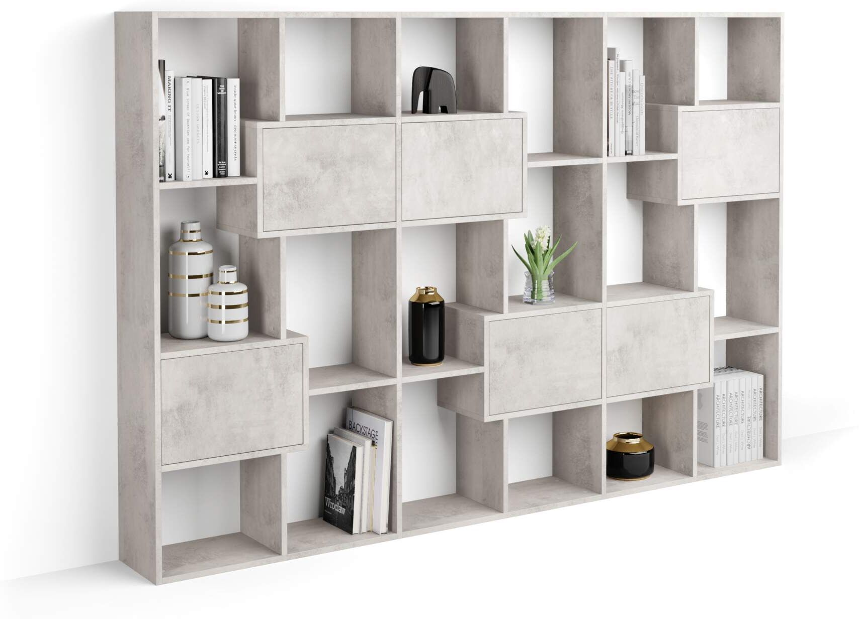 Mobili Fiver Libreria M Iacopo con ante (160,8 x 236,4 cm), Grigio Cemento