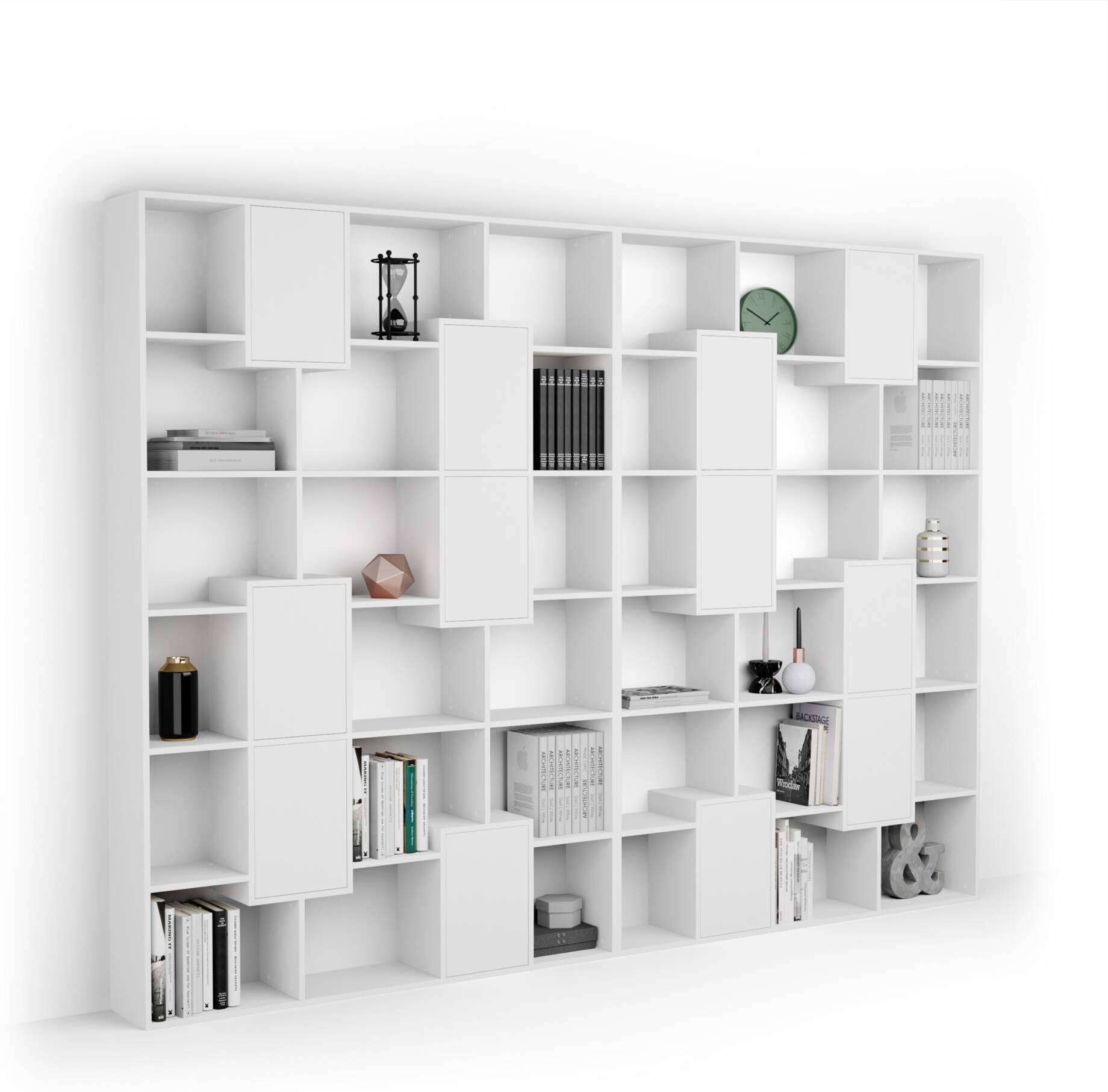 Mobili Fiver Libreria a parete XL Iacopo con ante (321,6 x 236,4 cm), Bianco Frassino