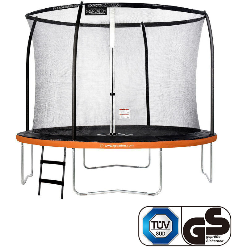GREADEN Freestyle arancia 305 Trampolino da giardino Set completo con rete di