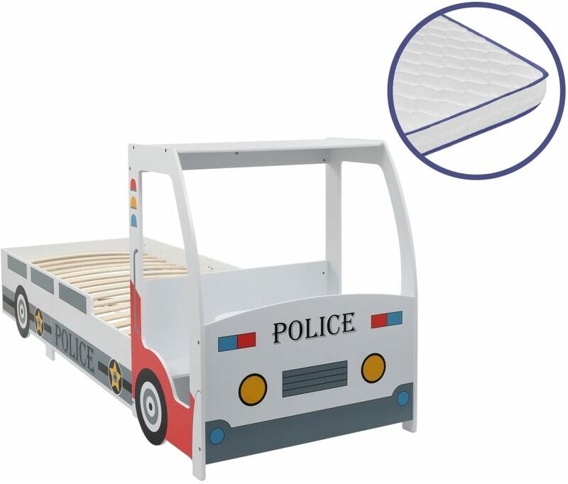 vidaXL Letto Bimbo Auto della Polizia con Materasso Memory 90x200 cm