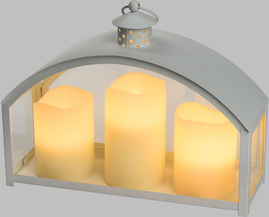 Luci Da Esterno Lanterna bianca in Metallo e Vetro con 3 candele LED bianco caldo, h 23.5 cm, telecomando Luci Da Esterno Lanterna bianca in Metallo e Vetro con 3 candele LED bianco caldo, h 23.5 cm, telecomando