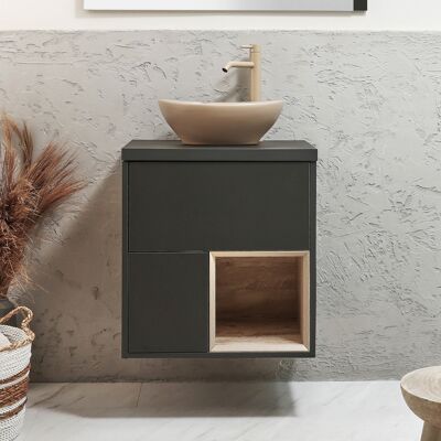 HudsonReed Mobile Bagno Sospeso con Ripiano Aperto da 600mm in Grigio Nero con Lavabo d'Appoggio Ovale Beige (Sand) e Luci LED - Hoxton HudsonReed Mobile Bagno Sospeso con Ripiano Aperto da 600mm in Grigio Nero con Lavabo d'Appoggio Ovale Beige (Sand) e Luci LED - Hoxton