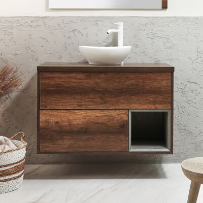 HudsonReed Mobile Bagno Sospeso da 1000mm in Rovere Scuro con Lavabo d'Appoggio Ovale Bianco (Chalk) con Luci LED - Hoxton HudsonReed Mobile Bagno Sospeso da 1000mm in Rovere Scuro con Lavabo d'Appoggio Ovale Bianco (Chalk) con Luci LED - Hoxton