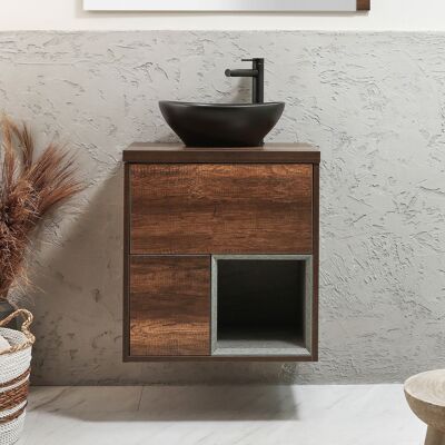 Hudson Reed Mobile Bagno Sospeso con Ripiano Aperto da 600mm in Rovere Scuro con Lavabo d'Appoggio Ovale Grafite - Hoxton Hudson Reed Mobile Bagno Sospeso con Ripiano Aperto da 600mm in Rovere Scuro con Lavabo d'Appoggio Ovale Grafite - Hoxton