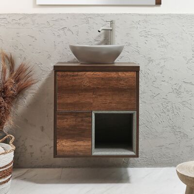 Hudson Reed Mobile Bagno Sospeso con Ripiano Aperto da 600mm in Rovere Scuro con Lavabo d'Appoggio Ovale Grigio (Pebble) - Hoxton Hudson Reed Mobile Bagno Sospeso con Ripiano Aperto da 600mm in Rovere Scuro con Lavabo d'Appoggio Ovale Grigio (Pebble) - Hoxton