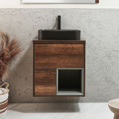 Hudson Reed Mobile Bagno Sospeso con Ripiano Aperto da 600mm in Rovere Scuro con Lavabo d'Appoggio Rettangolare Grafite - Hoxton Hudson Reed Mobile Bagno Sospeso con Ripiano Aperto da 600mm in Rovere Scuro con Lavabo d'Appoggio Rettangolare Grafite - Hoxton