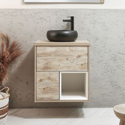 Hudson Reed Mobile Bagno Sospeso con Ripiano Aperto da 600mm in Rovere Chiaro con Lavabo d'Appoggio Rotondo Grafite - Hoxton Hudson Reed Mobile Bagno Sospeso con Ripiano Aperto da 600mm in Rovere Chiaro con Lavabo d'Appoggio Rotondo Grafite - Hoxton