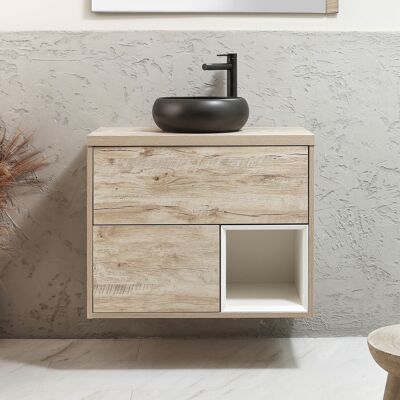 Hudson Reed Mobile Bagno Sospeso con Ripiano Aperto da 800mm in Rovere Chiaro con Lavabo d'Appoggio Rotondo Grafite - Hoxton Hudson Reed Mobile Bagno Sospeso con Ripiano Aperto da 800mm in Rovere Chiaro con Lavabo d'Appoggio Rotondo Grafite - Hoxton
