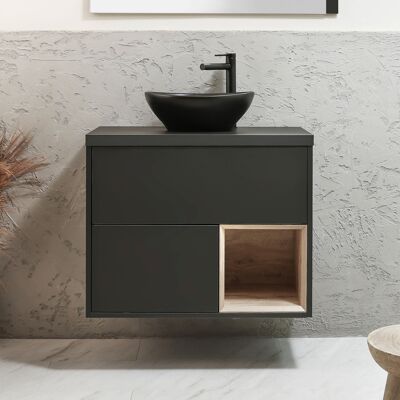 Hudson Reed Mobile Bagno Sospeso con Ripiano Aperto da 800mm in Grigio Nero con Lavabo d'Appoggio Ovale Grafite - Hoxton Hudson Reed Mobile Bagno Sospeso con Ripiano Aperto da 800mm in Grigio Nero con Lavabo d'Appoggio Ovale Grafite - Hoxton